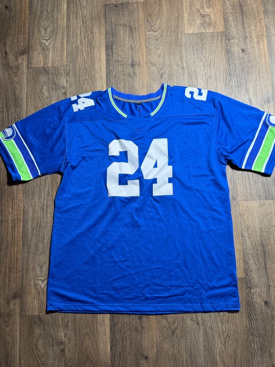Other - Blue Number 24 Football Jersey with Green & White Sleeve Accents